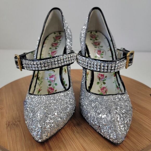 Gucci Calfskin Glitter Slyvie Mary Jane Pumps Argento Women Heels EU 38 US 7.5 - Picture 3 of 13